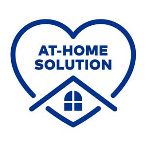 Illustration of heart outlined in blue, with a house and letters showing at-home-solutions inside of it