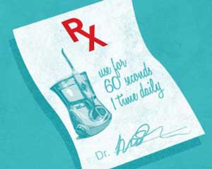Illustration of dentist's note with the letters RX showing recommended water flosser use of 60 seconds 1 time daily