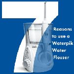 A Waterpik™ water flosser, on a blue background, with the number 7 behind it