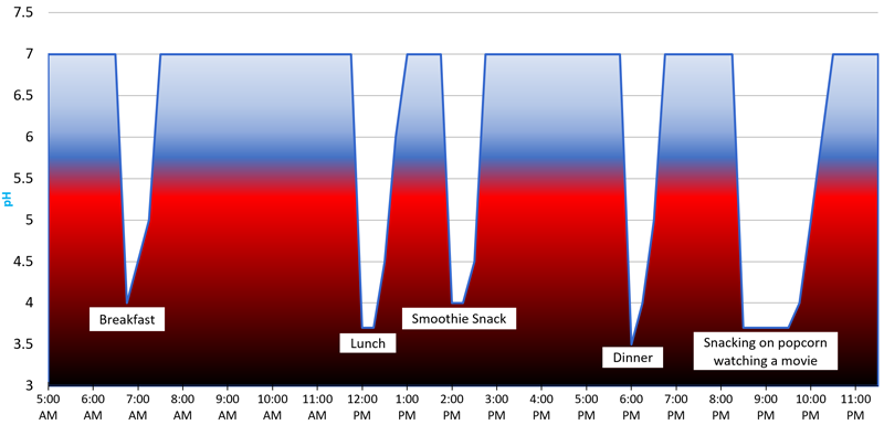 Chart showing acid levels in mouth after meals