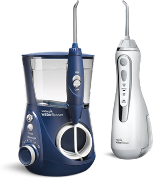 Classic Blue Waterpik™ Aquarius™ Professional water flosser and Waterpik™ White Cordless Advanced 2.0 water flosser