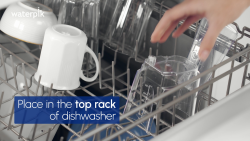 Countertop and cordless water flosser reservoirs in the top rack of a dishwasher