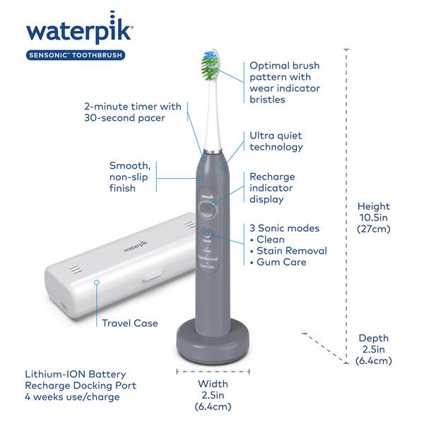Features & Dimensions - Waterpik STW-03W027 Gray Sensonic Sonic Toothbrush