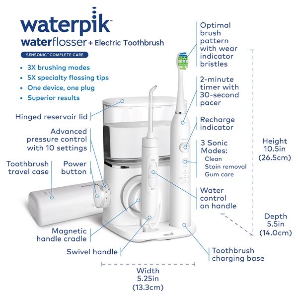 Features & Dimensions - Waterpik Sensonic Complete Care CC-04 White