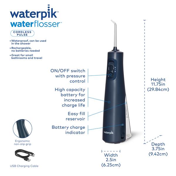 Features & Dimensions - Waterpik Cordless Pulse Water Flosser WF-20 Blue