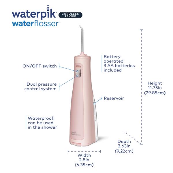 Features & Dimensions - Waterpik Cordless Revive Water Flosser WF-03 Pink