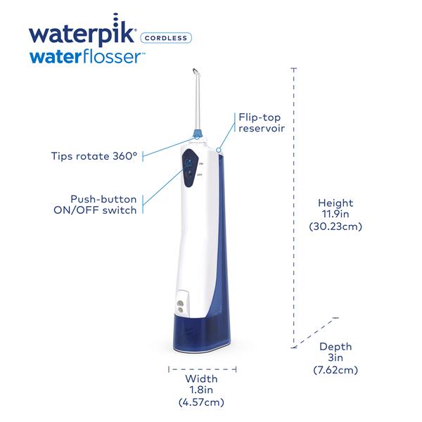 Features & Dimensions - Waterpik Cordless Water Flosser WP-360 White and Blue