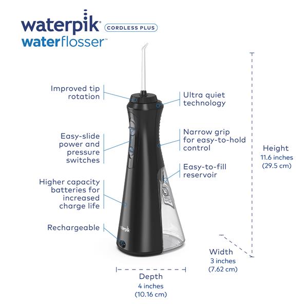 Features & Dimensions - Waterpik Cordless Plus Water Flosser WP-462 Black