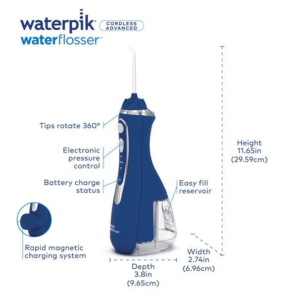 Features & Dimensions - Waterpik Cordless Advanced 2.0 Water Flosser WP-583